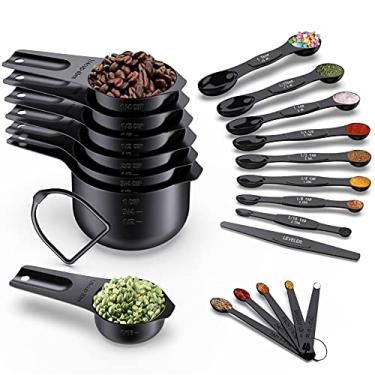 Imagem de Wildone 21 copos e colheres medidoras pretas, inclui 7 copos medidores de aço inoxidável, 8 colheres de medição dupla face, 1 nivelador e 5 mini colheres