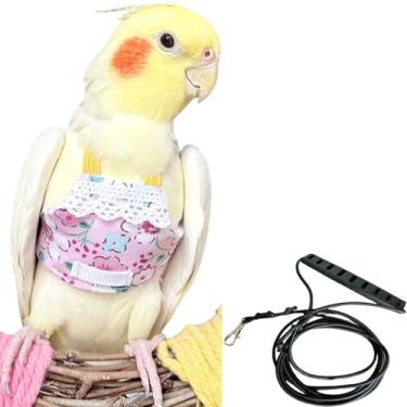 Imagem de CXYYXF Colete de arnês de voo de pássaros, terno de papagaio com coleira para calopsitas Conures Budgies Lovebirds cinza africano, corda de roupas voadoras (rosa rosa, 2M)