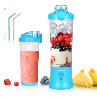 Imagem de Liquidificador portátil VKYOZVA Personal Blender para Shakes e Smoothies, 240 W liquidificador com 6 lâminas afiadas de aço inoxidável, copo de liquidificador recarregável por USB Tampa de viagem com 2 canudos e escova