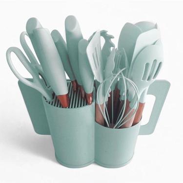 Imagem de Jogo De Cozinha 19 Utensílios De Silicone E Madeira Com Tábua De Corte Porta Talher Oval Verde