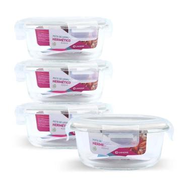 Imagem de Kit 4 Pote Vidro Hermético Pequeno Redondo 400ml Frutas - NABOX, Branc