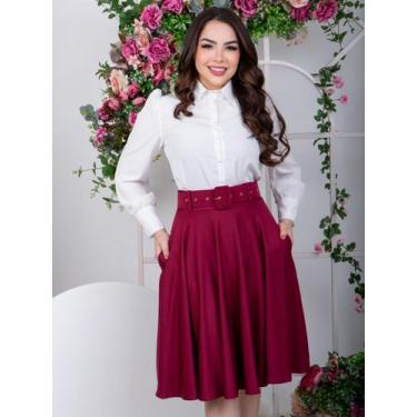 Imagem de Saia Midi Godê Social Elegante com Cinto Evangélico - Fashion, Marsala