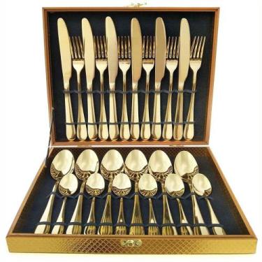 Imagem de Faqueiro Dourado Luxo 24 Pçs Aço Inox Jogo de Talher Para Mesa Posta E