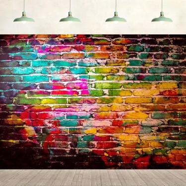 Imagem de Pano de fundo de parede pintado de tijolo de 3 x 2,4 m, fundo de foto de grafite colorido, hip hop, anos 80, 90, suprimentos para festas, crianças, adultos, retratos para pendurar na parede, decoração