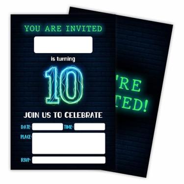Imagem de Cartão de convite de aniversário de 10 anos - Cartões de convite de aniversário neon de preenchimento de dupla face com envelopes, adolescentes, meninos e meninas, lembrancinhas de festa de