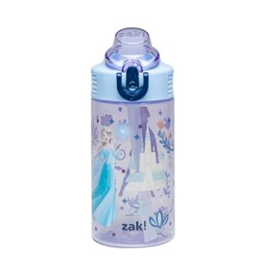 Imagem de Zak Designs Disney Frozen Sage Garrafa de água infantil para escola ou viagem, garrafa de água de plástico durável de 473 ml com canudo, alça e tampa de bico pop-up à prova de vazamento (Anna, Elsa
