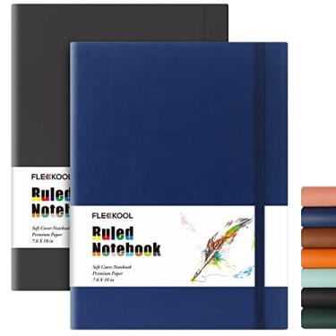 Imagem de FLEEKOOL Diários de negócios pacote com 2 - Caderno pautado B5 College grande capa macia com papel pautado grosso de 100 g/m², 376 páginas numeradas, 19,3 cm x 25,4 cm, bolso interno - preto e azul