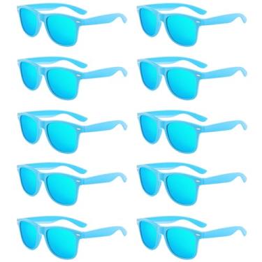 Imagem de Pibupibu Pacote com 10 óculos de sol azuis granel, lentes espelhadas retrô dos anos 80, conjunto de óculos de sol neon para mulheres e homens