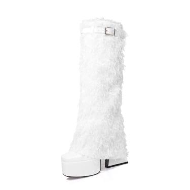 Imagem de Rock88 Botas femininas de pele felpuda, bico quadrado com salto bloco, botas altas com fivela ajustável para uso casual e passeios, branca, 39