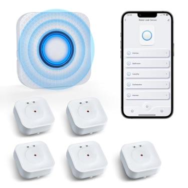 Imagem de NESOVI Sensores de Água Wifi para Vazamentos: Detector de Água de 110 Db com Notificação Em Tempo Real Do Aplicativo, 5 Unidades de Alarme de Sensor de Água Detector de Vazamento c (, Branco)