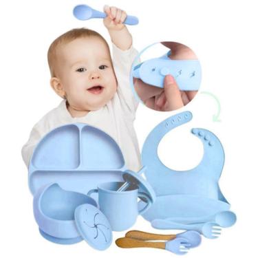 Imagem de Kit Refeição Bebê Prato Babador Copo Talher Silicone 10 Pçs Azul