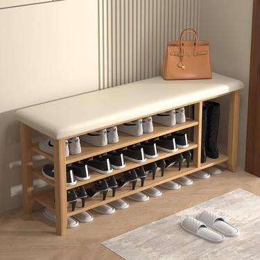 Imagem de Rack de banco para sapatos de madeira com almofada de couro PU, banco de armazenamento de entrada de 3 camadas para corredor, sala de estar, quarto, cor de madeira, 120 x 30 x 52 cm