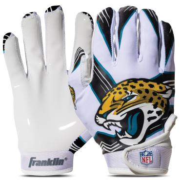 Imagem de Franklin Sports Luvas de receptor de futebol americano americano da NFL Jacksonville Jaguars - Luvas receptoras para crianças - Logotipos da equipe NFL e palma de silicone - Par P/PP juvenil
