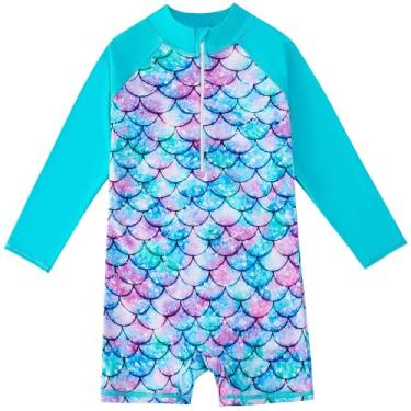 Imagem de Butvashine Maiô feminino sereia peça única com proteção UV roupa de banho de manga comprida Rash Guard, Azul, 7-8 Anos