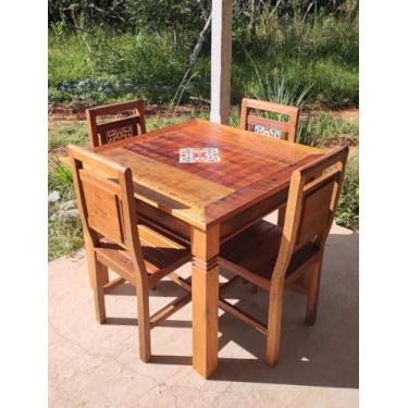 Imagem de Mesa de Jantar Rústica com 4 Cadeiras, Madeira Maciça, Ladrilho Hidráulico Decorativo, Estilo Colonial