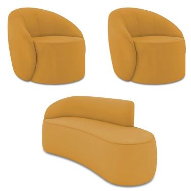 Imagem de Sofá 3 Lugares Orgânico 180cm Morgan e 2 PoltronasLua Veludo Mostarda D03 - D`Rossi