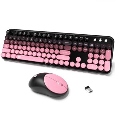 Imagem de Combo de teclado e mouse sem fio, teclado e mouse USB de 2,4 G para teclas redondas, conjunto de teclado fofo e colorido, mouse sem fio, compatível com Windows, Mac, PC, laptop (rosa)