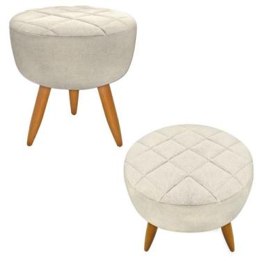 Imagem de Kit 02 Puff Banqueta Maitê Redondo Linho Palha Pés Castanho - Maitê Mo