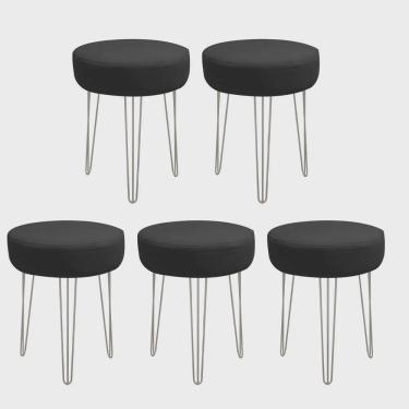 Imagem de Kit 05 Banquetas Puff Jullia Luxo 55cm Industrial Ferro Cinza Corino Preto - Ahz Móveis