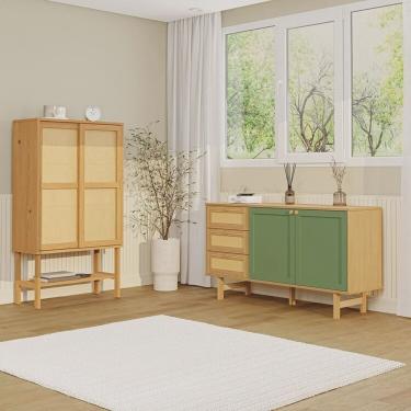 Imagem de Kit Buffet 2 Portas Laca 3 Gavetas Rattan com Cristaleira Porta Rattan Magna Cabecasa