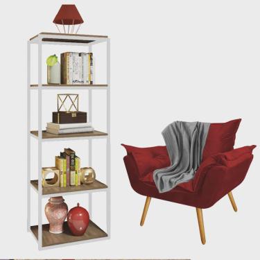 Imagem de Kit Poltrona Fatte com Manta Soft Cinza e Estante Livreiro Ferro Branco mdf Rústico Sue...