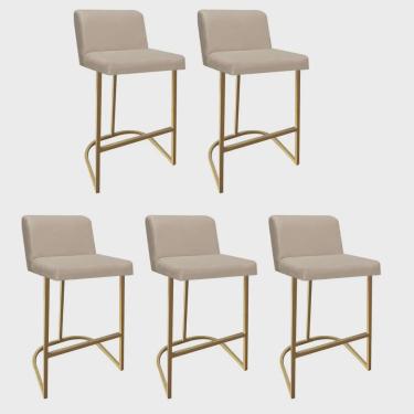 Imagem de Kit 05 Banquetas Com Encosto Noah Luxo Confort Bistrô Cozinha Ferro Dourado Sintético Bege - Ahz Móveis