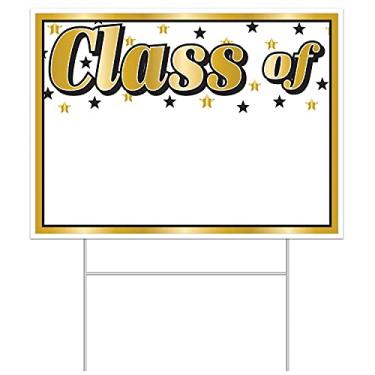 Imagem de Beistle Placa de graduação em plástico Class Of Blank com estaca Decorações de gramado ao ar livre para festa de graduação, 29 x 39 cm, branco/dourado/preto