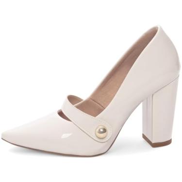 Imagem de EMILY ONLINE, Sapato Scarpin Salto Alto Grosso Bico Fino Tira Feminino 9cm (Off White, BR, Adulto, Numérico, 39)