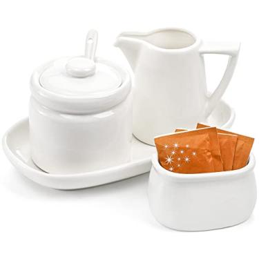 Imagem de ZENFUN Conjunto de 4 Cremes de Porcelana e Conjunto de Açúcar com Pires, Tigela de Açúcar com Tampa e Colher, Jarro de Creme, Suporte de Adoçante, Conjunto de Servir Café para Cozinha Caseira Café, Restaurante, Branco