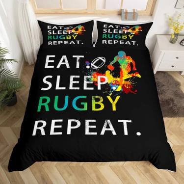 Imagem de Conjunto de capa de edredom de rúgbi, tamanho casal, Eat Sleep Repeat, jogos esportivos de futebol americano, decoração de quarto de meninos e meninas, capa de edredom de graiffiti tie-dye, capa de