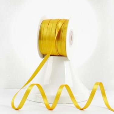 Imagem de MEEDEE Fita de cetim amarela 1/4 polegada Lux cetim dupla face 100 metros fita amarela fina para artesanato, embrulho de presente, ornamentos, decoração de férias, laço de cabelo, casamento