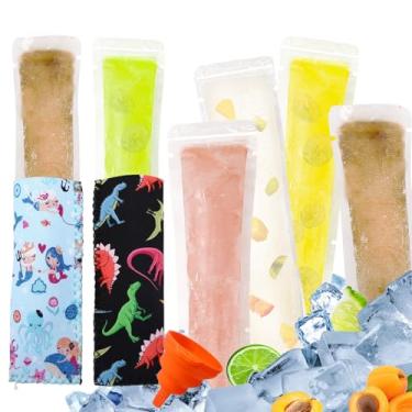 Imagem de FEBSNOW 100 sacos descartáveis para picolé com 2 capas de picolé, suporte de neoprene para congelador e tubos de freezer com selos de zíper para lanches, palitos de iogurte, vitaminas de frutas vêm