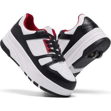 Imagem de ANEFUN Tênis moderno para meninas, meninos, crianças, patins com rodas destacáveis, frente e verso, patins duplos com rodas, Branco, preto, vermelho, 3 Little Kid
