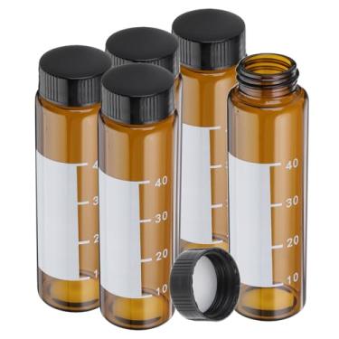 Imagem de PATIKIL Frascos pequenos de amostra de vidro com tampas, 5 frascos de vidro âmbar de 50 ml com tampas de parafuso pretas, mini frascos selados de reagente à prova de vazamento com etiqueta de escrita