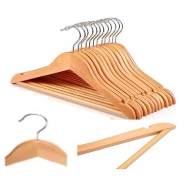 Imagem de Cabides Kit 12 Unidades De Madeira Com Verniz e Gancho Inox Giratório 44x23 Cm