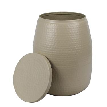 Imagem de happimess SSL2001D Merida Mesa lateral de armazenamento de tambor metálico rústico moderno de 38 cm com tampa, mesa de canto para decoração na sala de estar, quarto, banheiro, amêndoa