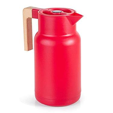 Imagem de TERMOPRO Garrafa Termica 1 Litro Vermelha Wood Fashion Bule para Cafe Cha Suco com Ampola de Vidro Design Elegante Tampa Vedada e Cabo com Acabamento em Madeira