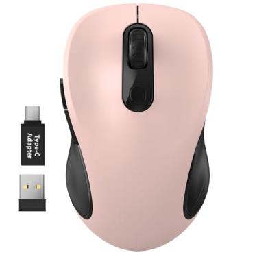 Imagem de WisFox Mouse sem fio de 2,4 G para laptop, mouse de computador ergonômico com receptor USB e adaptador tipo C, 3 níveis ajustáveis DPI, mouse sem fio sem fio de 6 botões (rosa)