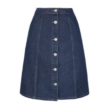 Imagem de Allegra K Saia jeans feminina casual de verão evasê curta com botões, Azul marinho, G