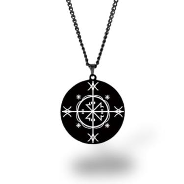 Imagem de Colar Vevê Vodu – Pingente com Símbolos dos Lwas em Aço Inoxidável (Prata, Ouro ou Preto) • Amuleto Espiritual Afro-Caribenho de Proteção, Magia e Fé (Kalfu, Preto)