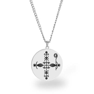 Imagem de Colar Vevê Vodu – Pingente com Símbolos dos Lwas em Aço Inoxidável (Prata, Ouro ou Preto) • Amuleto Espiritual Afro-Caribenho de Proteção, Magia e Fé (Papa Legba (Alt), Prata)