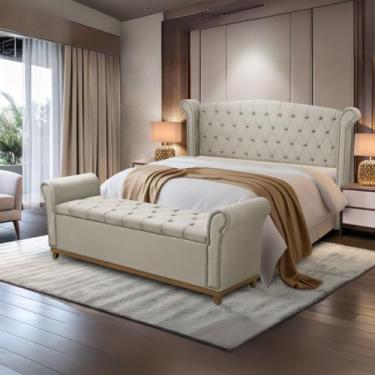 Imagem de Kit Cabeceira e Baú Grécia, Veludo Bege, Estilo Capitonê, 178x140cm, com Revestimento em Veludo e Espuma PRO 30 (Bege)