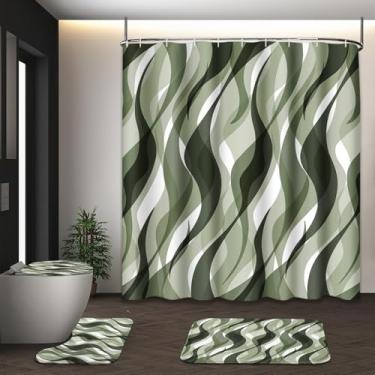 Imagem de Tayney Conjunto de cortina de chuveiro verde com tampa de vaso sanitário e tapetes antiderrapantes para banheiro, linhas geométricas, ombré, 4 peças, conjunto de banheiro simples abstrato moderno com