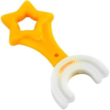 Imagem de Escova De Dentes Infantil De Silicone Formato Em U 360 Graus Cor:Amarelo. Seu Formato em U Permite que a Criança Desenvolva Autonomia ao Realizar a Escovação
