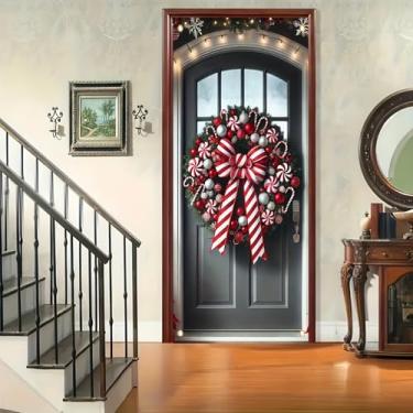 Imagem de BlissYard Capa de porta de Natal, guirlanda de Natal, bengala de doce, faixa para pendurar, pano de fundo com laço vermelho e branco, cenário de fotografia de inverno, Natal, Ano Novo, decorações para