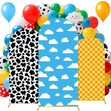 Imagem de Tingjoo 3 peças de capa de fundo de arco com tema de história de desenho animado decoração de arco de poliéster capa de suporte para fotos de cosplay adereços de casamento, chá de bebê, lembrancinha