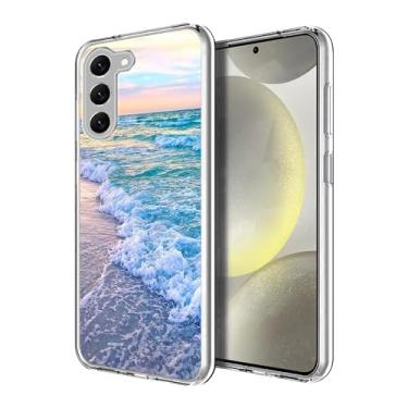 Imagem de Compatível com Samsung Galaxy S24, estética praia onda pôr do sol brilho slim fit TPU macio à prova de choque capa protetora transparente presente para mulheres meninas