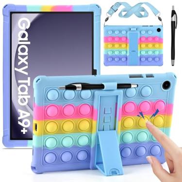 Imagem de DETUOSI Capa compatível com Samsung Galaxy Tab A9 Plus 27.9 cm 2023 (SM-X210/X216/X218), ângulos de visualização múltipla, capa de silicone macio antiestresse com alça de ombro e caneta Stylus, azul