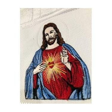 Imagem de Toalha Lavabo Religiosa Bordada com Gripir, 30x45cm, Algodão, Branca com Detalhe Canelado