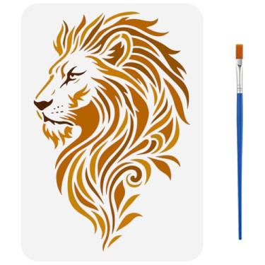 Imagem de FINGERINSPIRE Estêncil de pintura com padrão de leão com pincel 21 x 29,7 cm de plástico PET cabeça de leão modelo de desenho decorativo com tema de animal oco para pintura em tela de tecido de